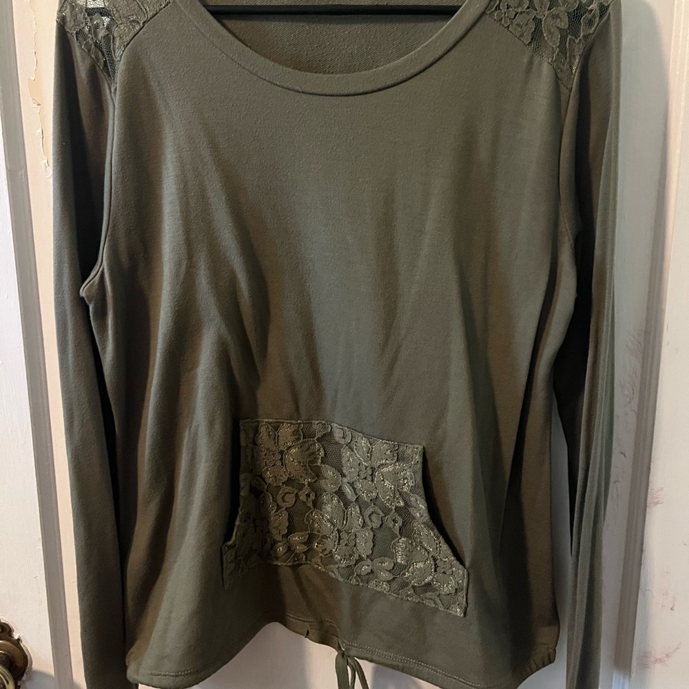 Olive Lace Accent Long Sleeve Top